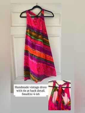 Handmade Colorful Striped Halter Tie-Back Dress - Bright Pink & Multicolor